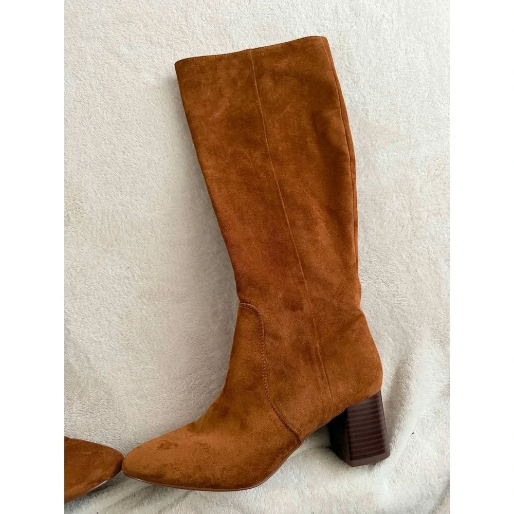 Vtg J. Crew Womens 7.5 Brown Boots Knee High Block Heel Faux Suede BT279
